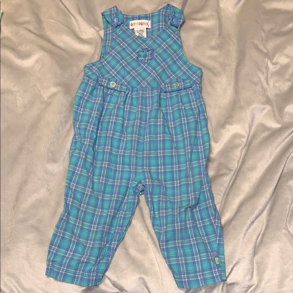 Gymboree Other - Gymboree vintage girls blue purple plaid overalls snaps embroidered 12 18 mo